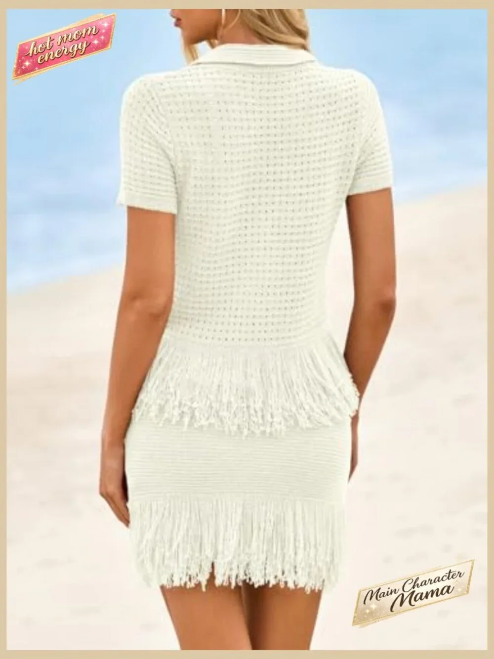 Crochet Button Sweater Fringe Skirt Set Summer Vacation Beach Cover Up - Picture 5 of 7